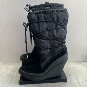 Coach New York Jacquard Suede Logo Black Platform Wedge Boots Womens Size 7B